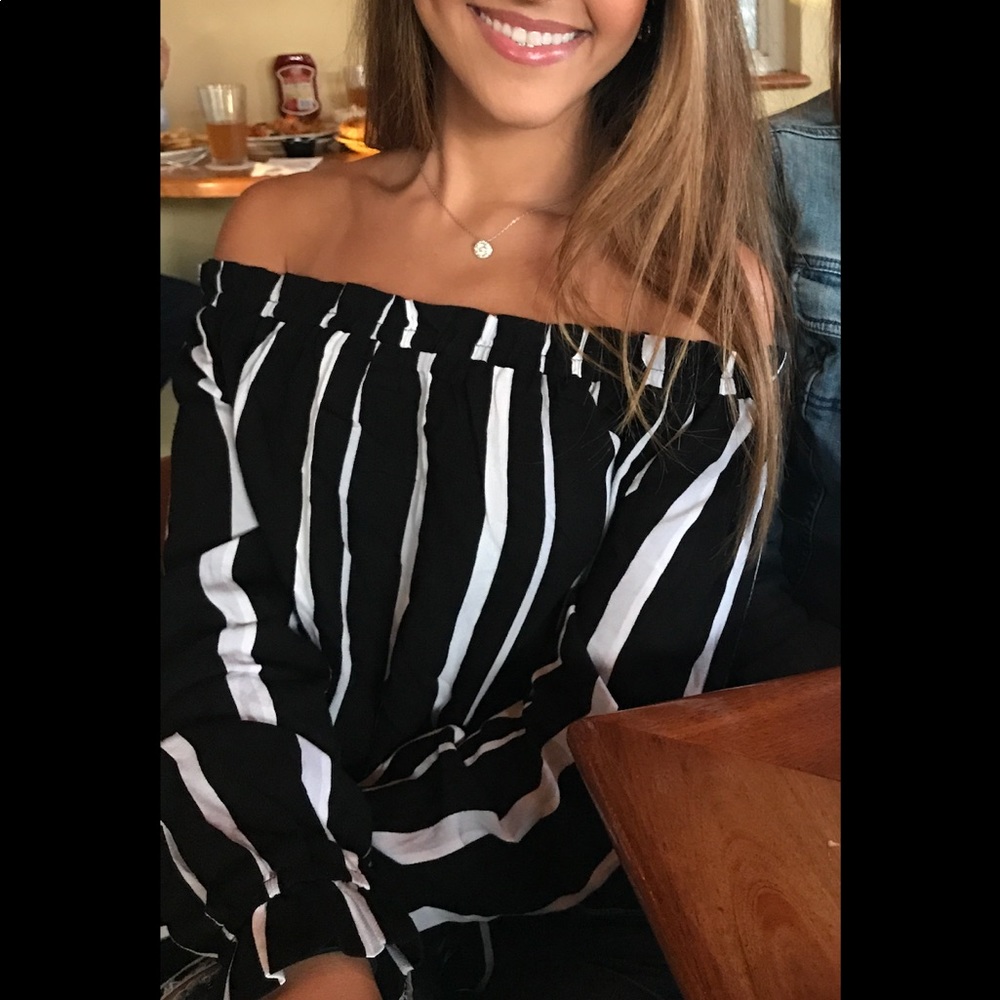 Kendall & Kylie Striped Off the Shoulder Shirt